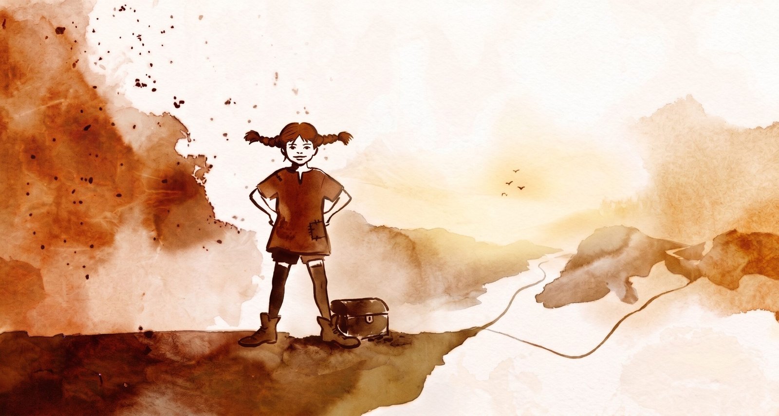 Aquarell: Ein Mädchen mit Zöpfen steht selbstbewusst neben einer kleinen Truhe