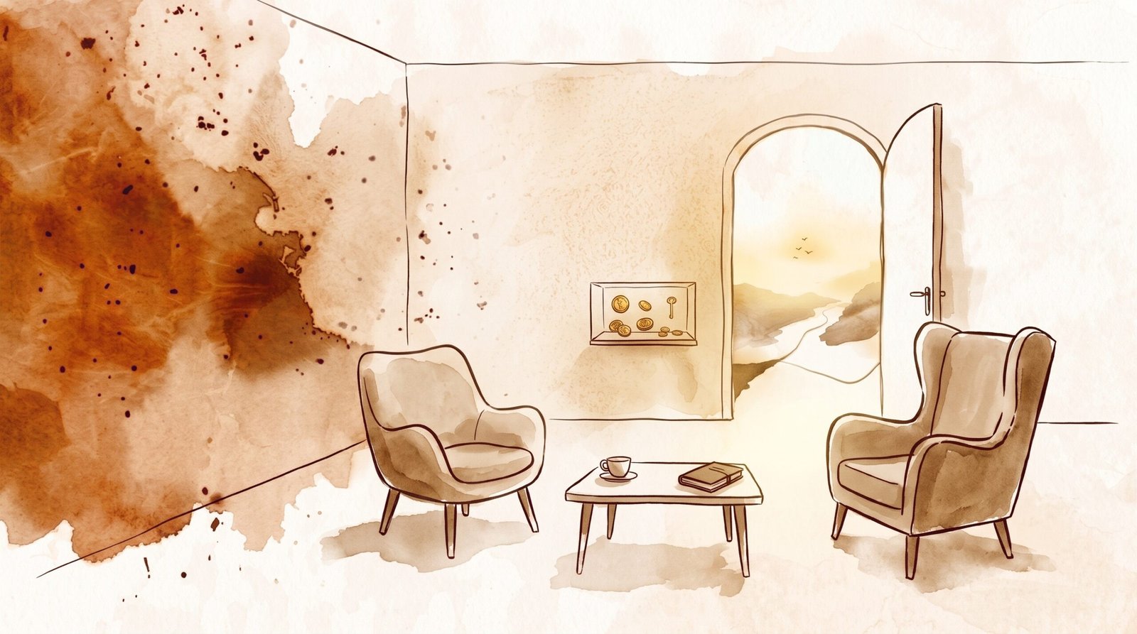 Aquarell: Therapieraum mit zwei Sesseln und einer offenen Tür hinaus in die Landschaft
