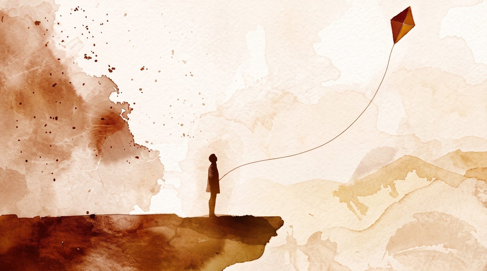 Watercolour: a person standing on a cliff, flying a kite