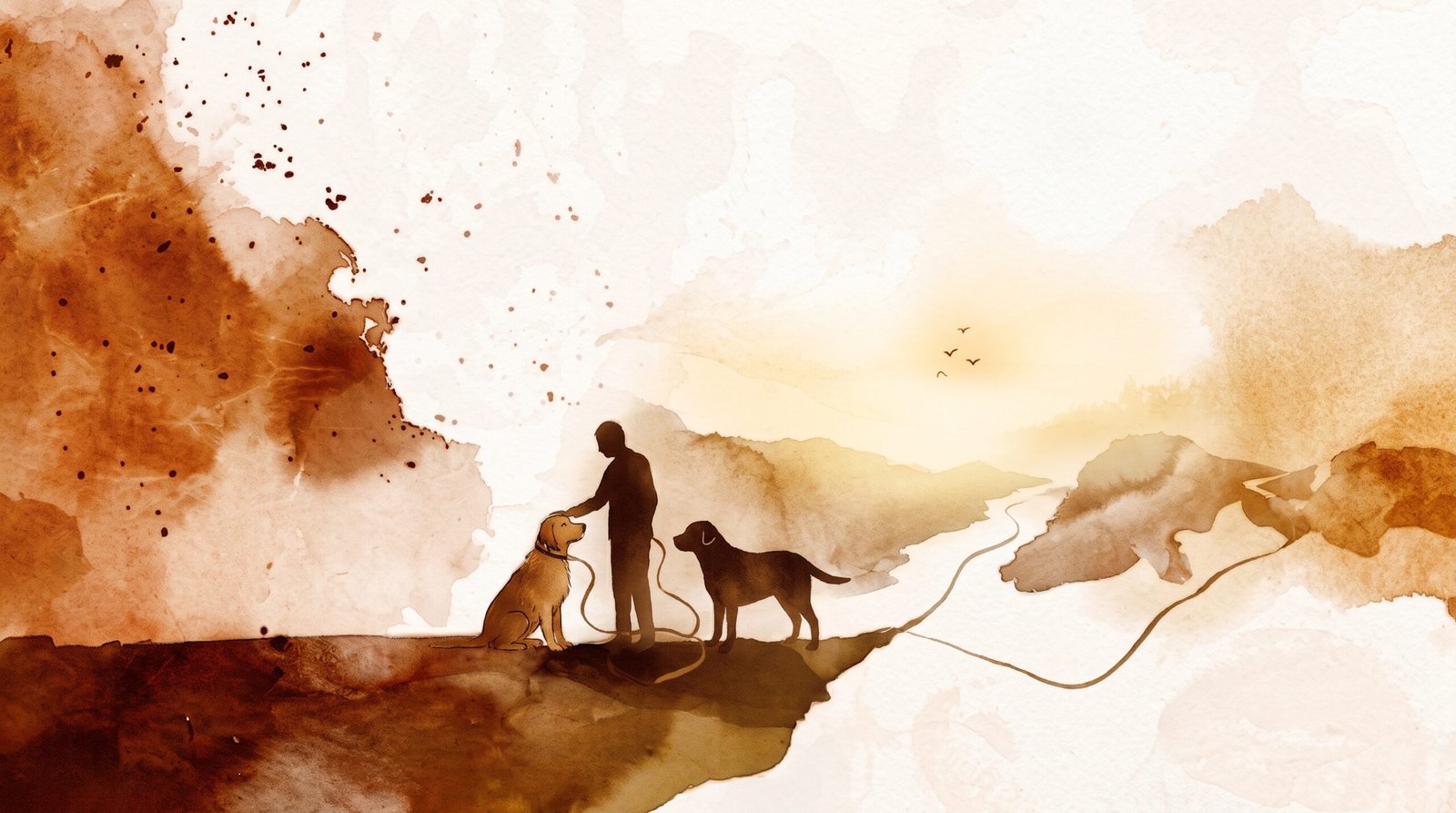 Aquarell: Eine Person mit zwei Hunden blickt auf einen Weg durch die Landschaft
