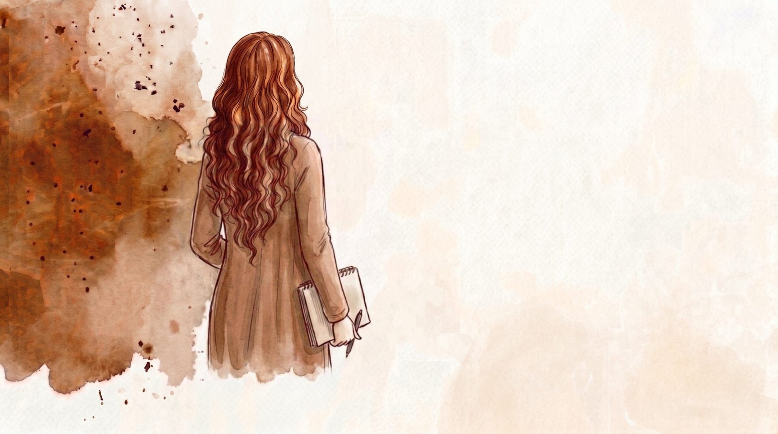 Aquarell: Frau mit langen Locken in einem warmen braunen Kleid und mit Notizblock, von hinten gesehen
