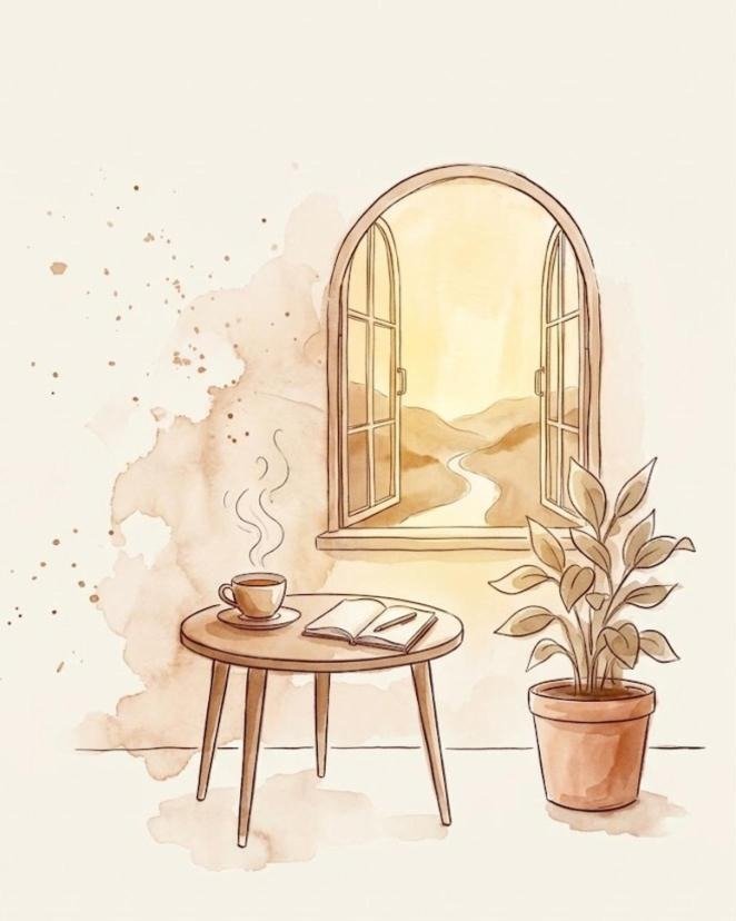 Aquarell: Beistelltisch mit Teetasse und Notizbuch vor einem offenen Bogenfenster
