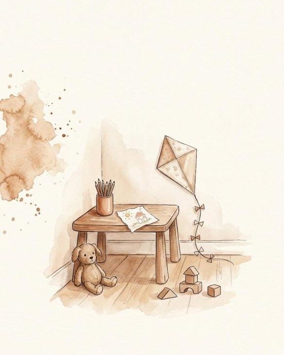 Aquarell: Kinderecke mit kleinem Tisch, Buntstiften, Kinderzeichnung, Bauklötzen, Drachen und Stoffhund