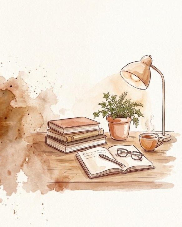 Aquarell: Schreibtisch mit Bücherstapel, aufgeschlagenem Notizbuch, Brille, Teetasse, Pflanze und Lampe